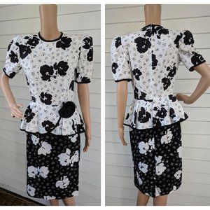 80s Peplum Dress White Black Short Sleeve Vintage
